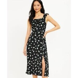 LOFT Floral Ruffle Neck Midi Dress Black‎ White Purple Sleeveless